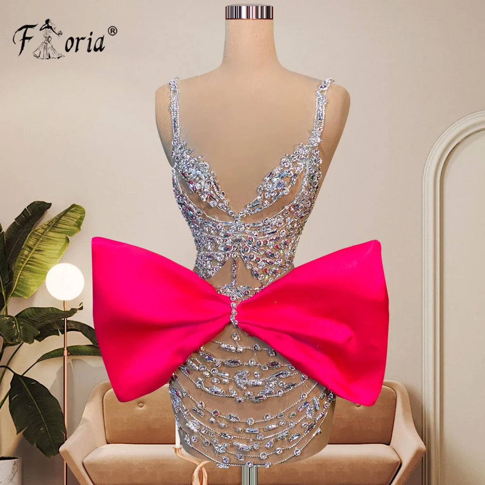 Sparkly Gala Rhinestones Crystal Short Prom Dress 2023 Spaghetti Big Bow Birthday Party Gown Celebrity Runway Stage Show Costume