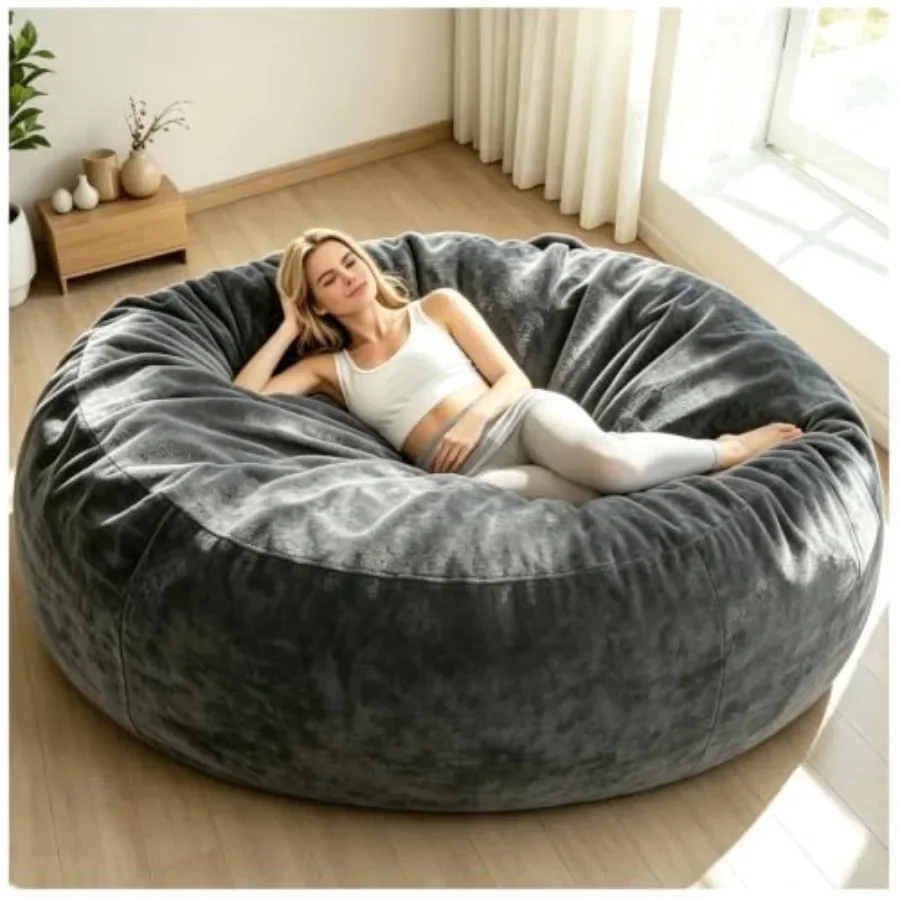 6FT Big Bean Bag Chairs for Adults with Memory Foam Filler, Removable Washable Gray Flannel Cover, Giant Comfort Chair for Livi