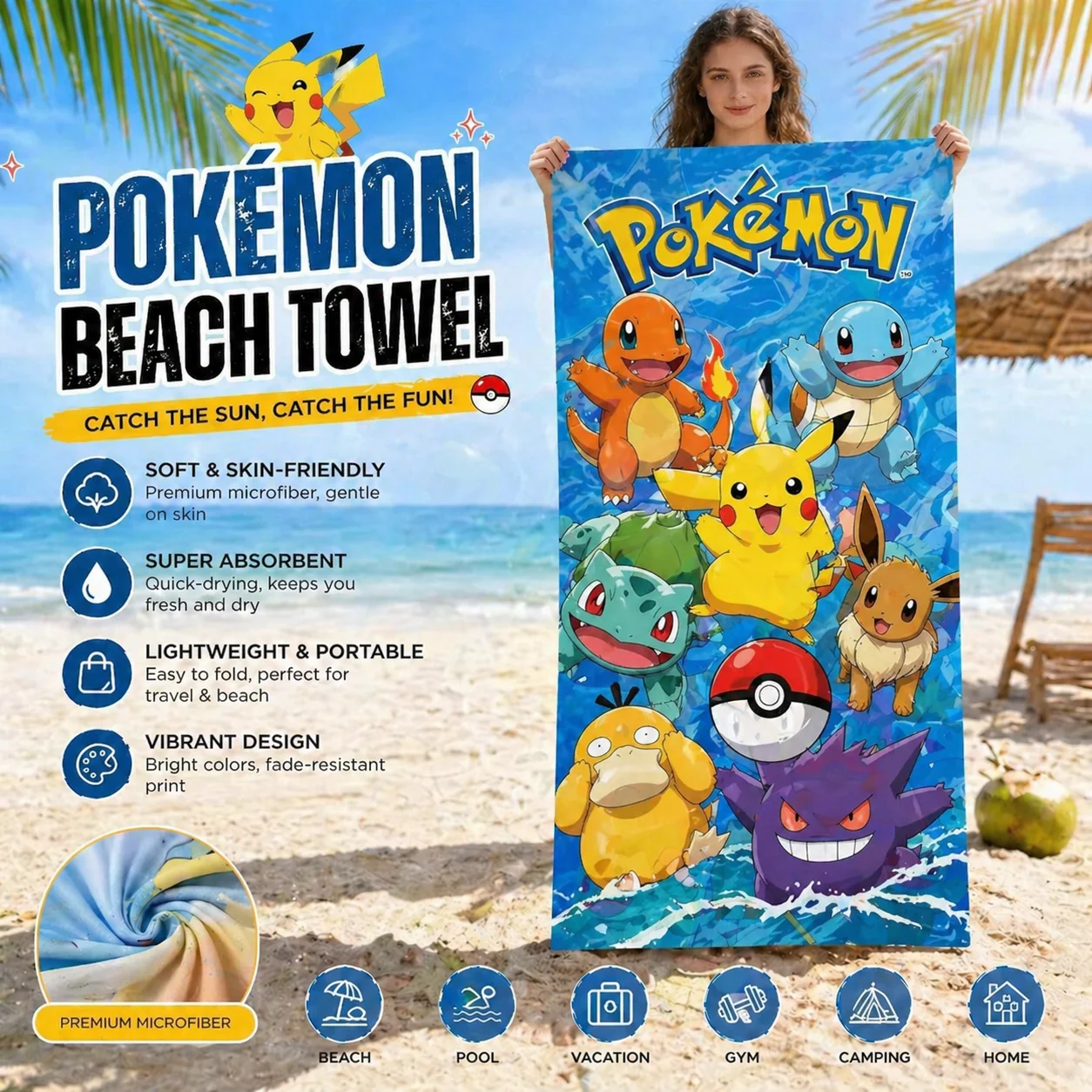 P-Pokémon Beach Towel Soft Microfiber Bath Towel Pikachu Squirtle Bulbasaur Flat Print Absorbent Towel for Beach Pool Camping