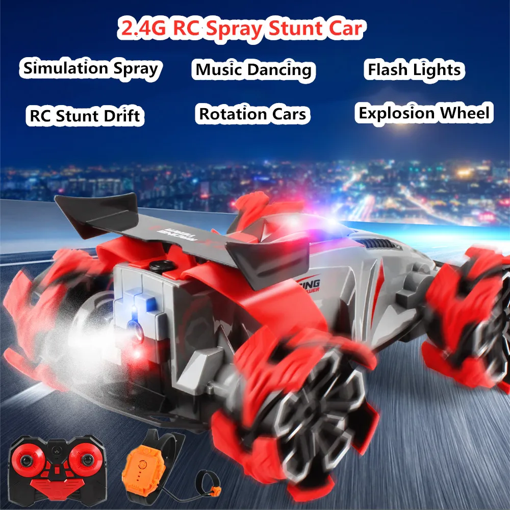 2.4G 4Wd RC Car Watch Control SprayTwisting Stunt Drift Car Explosive Wheel Vehical Music Flash Light Toys for Child Boys Adults