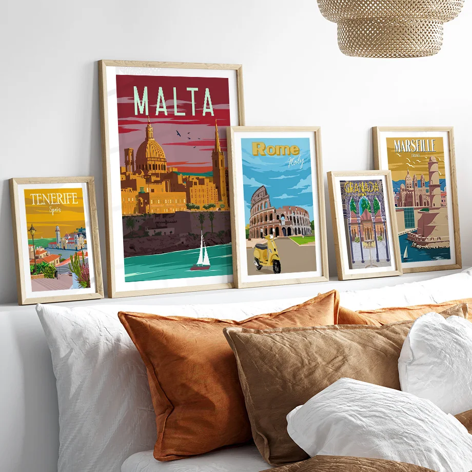 Famous City Scenery Poster Vintage Malta Granada Turin Marseille Florence Wall Art Print Canvas Painting Living Room Home Decor