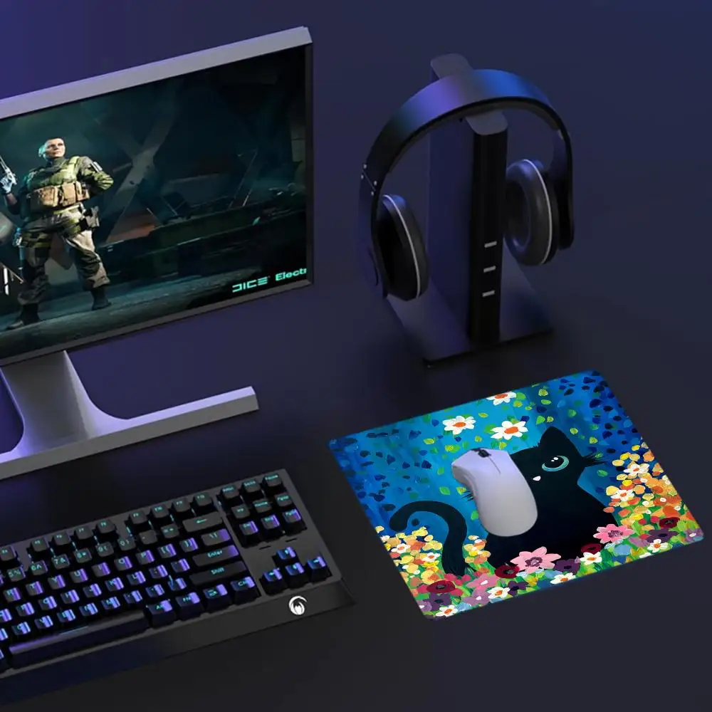 

Black Cat Mousepad Small Office Computer Desk Mat Table Keyboard Big Mouse Pad Laptop Cushion Non-slip Deskpad Home Decor