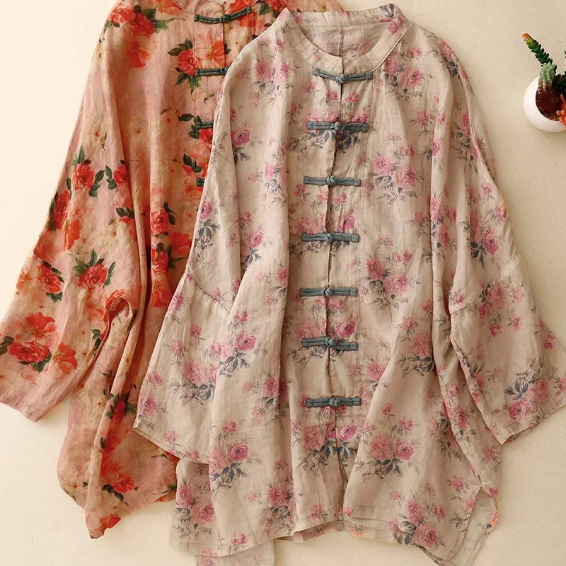 Chinese Style Women Casual Shirt New Arrival 2024 Summer Vintage Floral Print Loose Comfortable Female Long Tops Shirts B3931