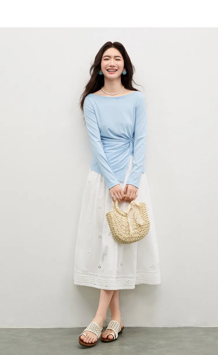SENTUBILA Lyocell-T-Shirts für Damen, Frühling 2026, schulterfreier Ausschnitt, verdrehter, unregelmäßiger Saum, schlichte Strickoberteile W61TL5033 – Detail 8