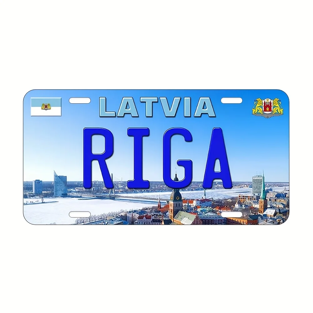 Latvia Riga City Scenery Travel Themed License Plate Aluminum Metal Painting High Definition Clear Print Bend Resistant Durable