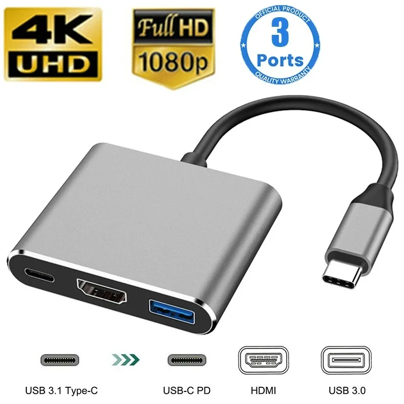 3 in 1 USB C Hub with HDMI Adapter USB3.0 Ports Type-C Docking Station for MacBook Air Pro 2022-2018 4K HD Converter