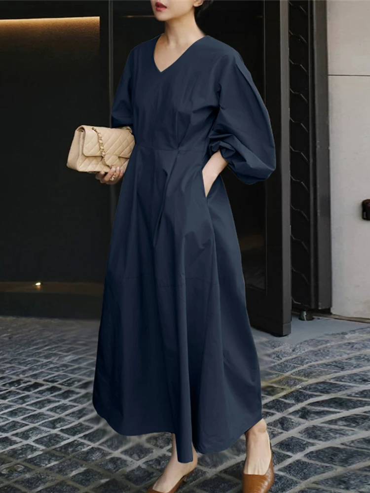 ZANZEA Donne Allentato Maxi Abiti 2025 Autunno Casual Con Scollo A V Lanterna Maniche Elastico A Vita Alta Robes Femme Moda Solido Abiti