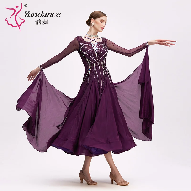 

B-24159 Фиолетовое атласное шифоновое платье для бальных танцев на заказ, высокое качество, новая стандартная одежда со стразами, длинная одежда для бальных танцев