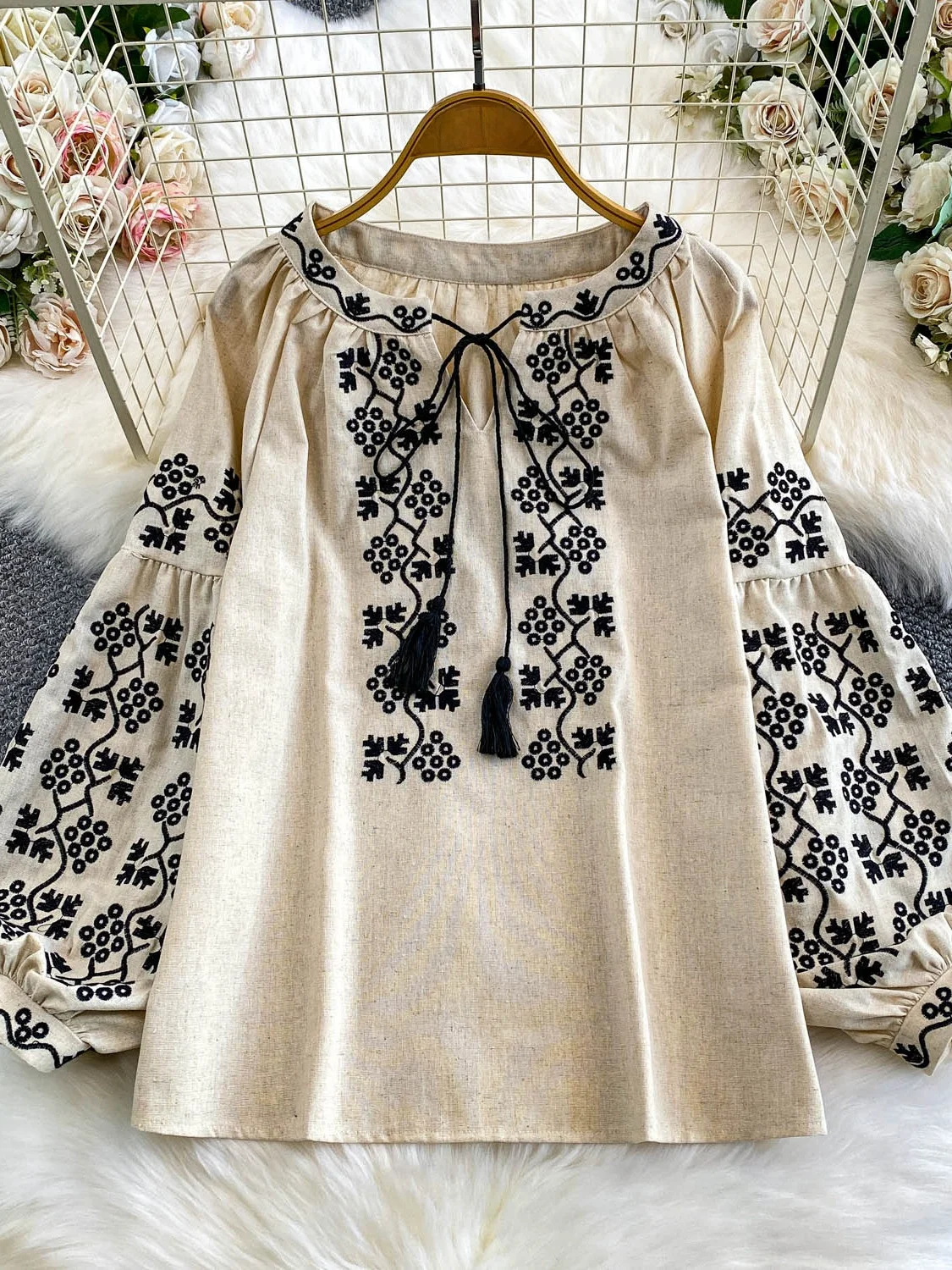 

Ретро художественный вышитый круглый пояс Ne Lantern Sve irt женский свободный мясной скрывающий топ для похудения