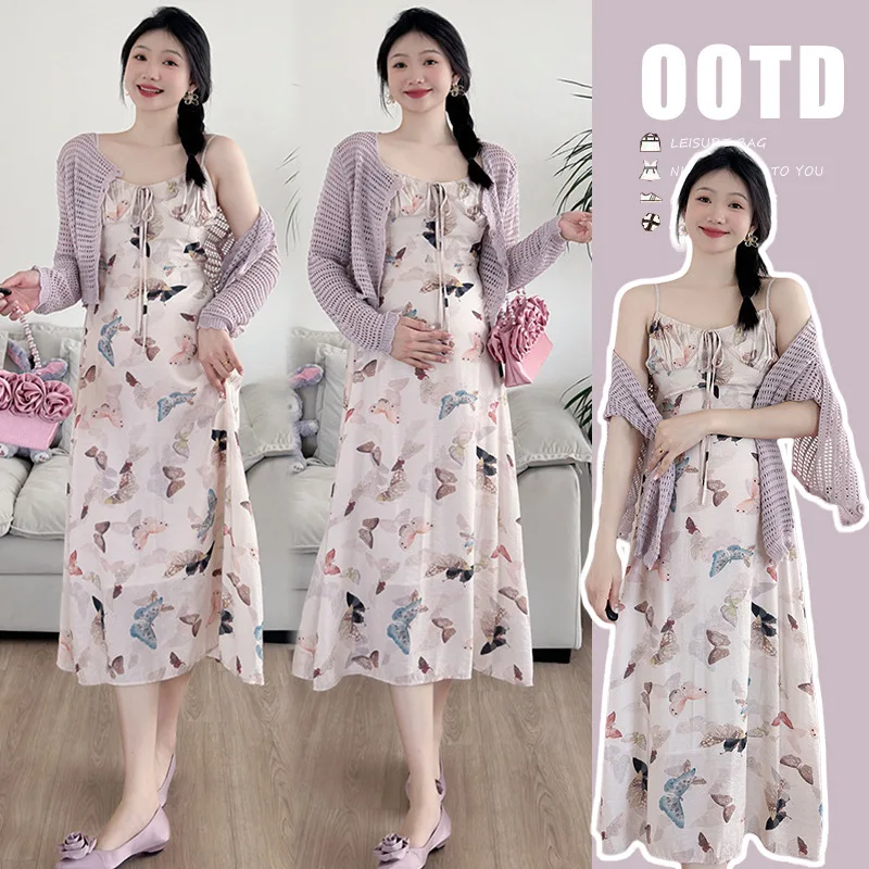 

2025 Summer Maternity Set - Vintage Butterfly Print Dress & Cover-Up for Pregnant Women, Tie-Waist Two-Piece Outfit