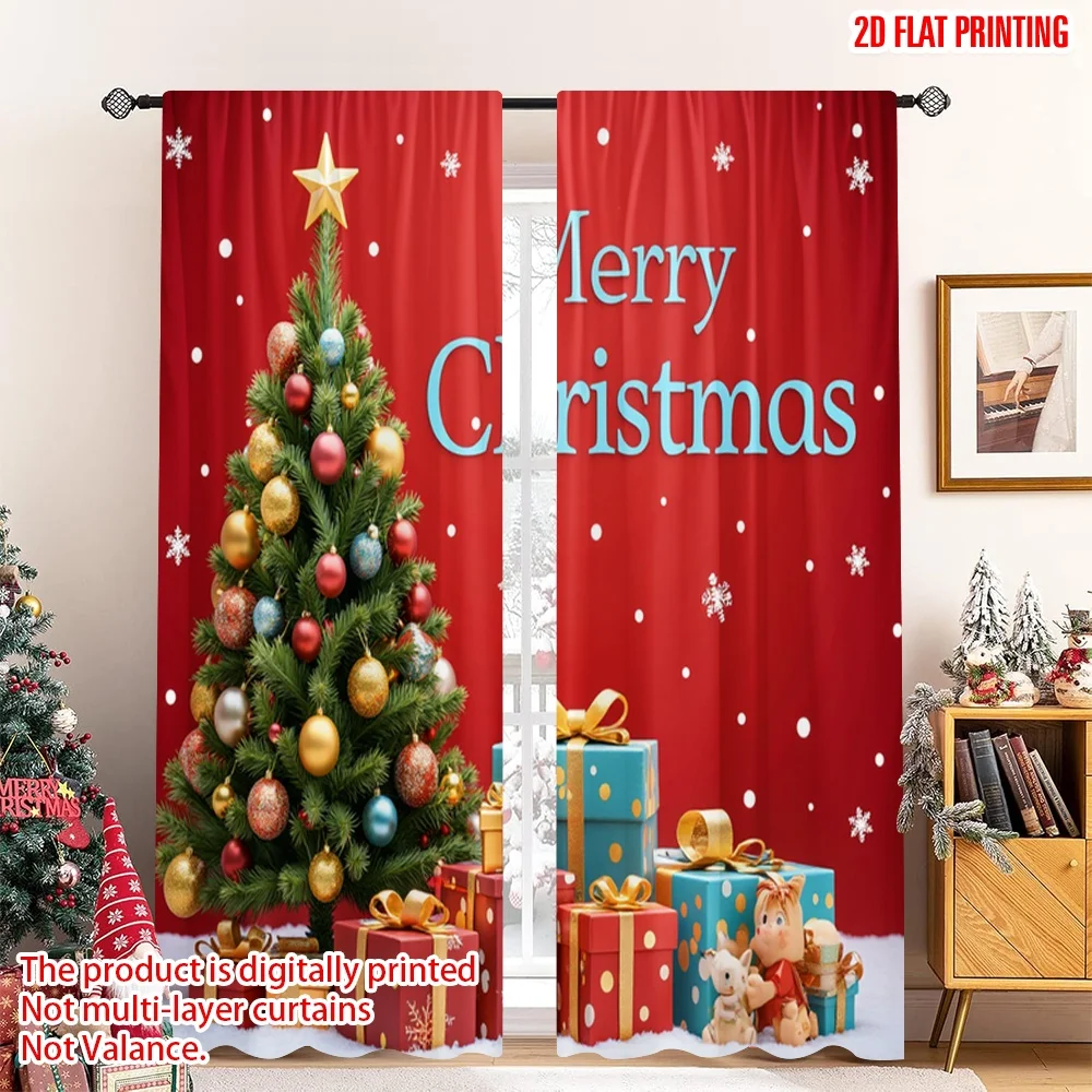 

2pcs 2D flat printing Christmas Party Curtain Merry Christmas Gifts Tree Polyester Without Electricity Family Party Use for