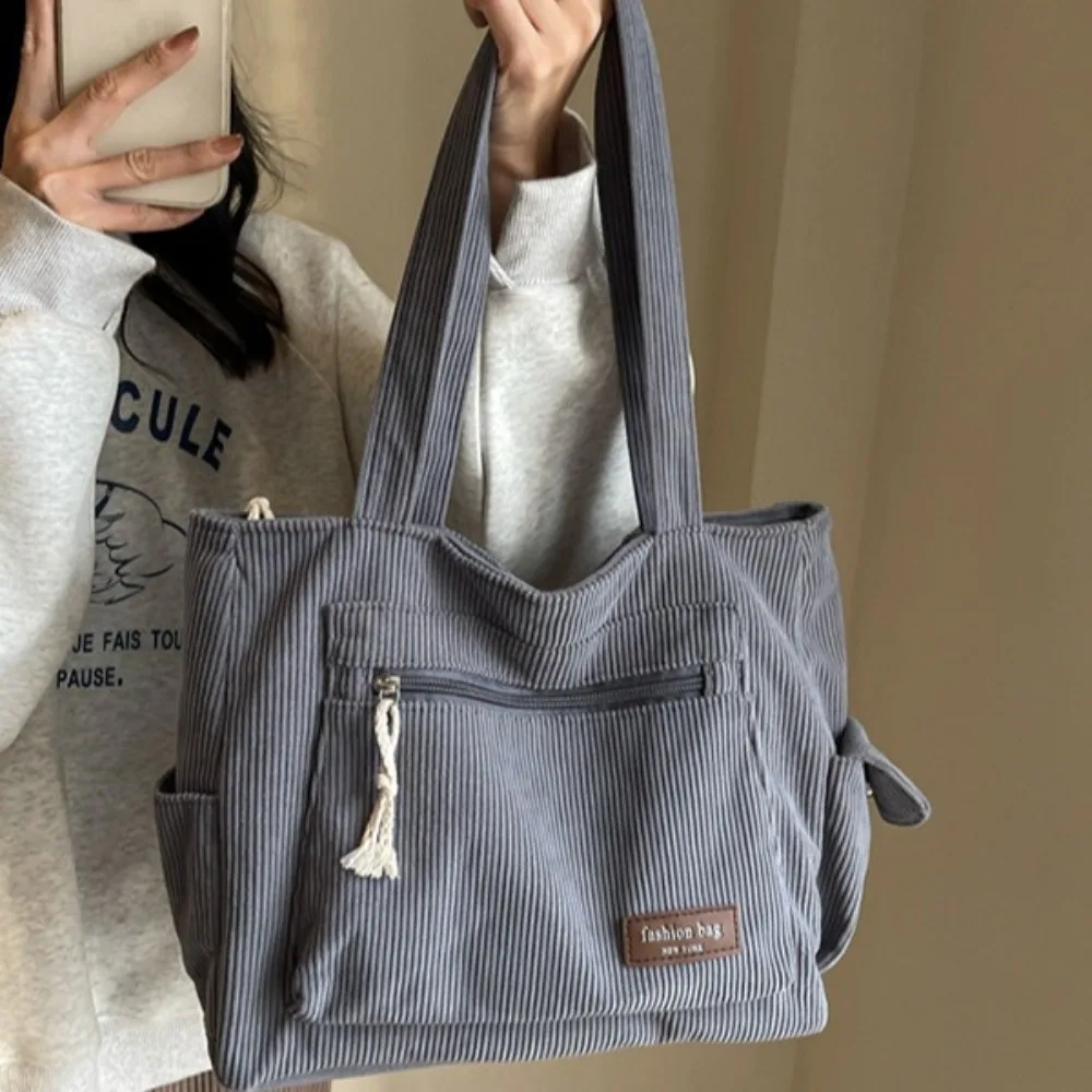 Sac à Main Multi-Poches en Velours Côtelé pour Femme, Fourre-Tout Solide de Grande Capacité, Style Coréen