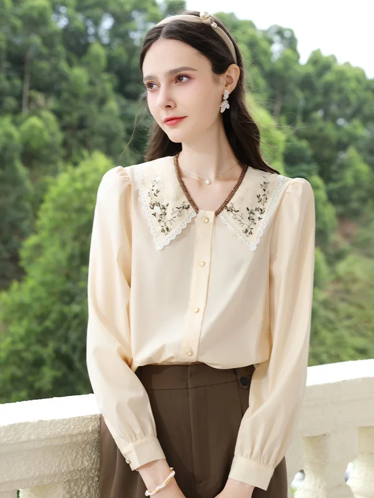 I BELIEVE YOU Blouses for Women 2024 Autumn New French Embroidery Lapel Puff Sleeve Retro Elegant Shirts & Blouses 2243055807