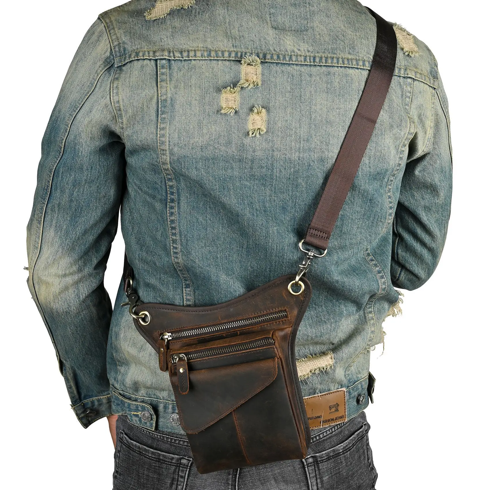 Men Trendy Cool European American Top Layer Waxed Cowhide Leg Bag Waist Bag 8 Inch Outdoor Phone Camera Pouch In Stock