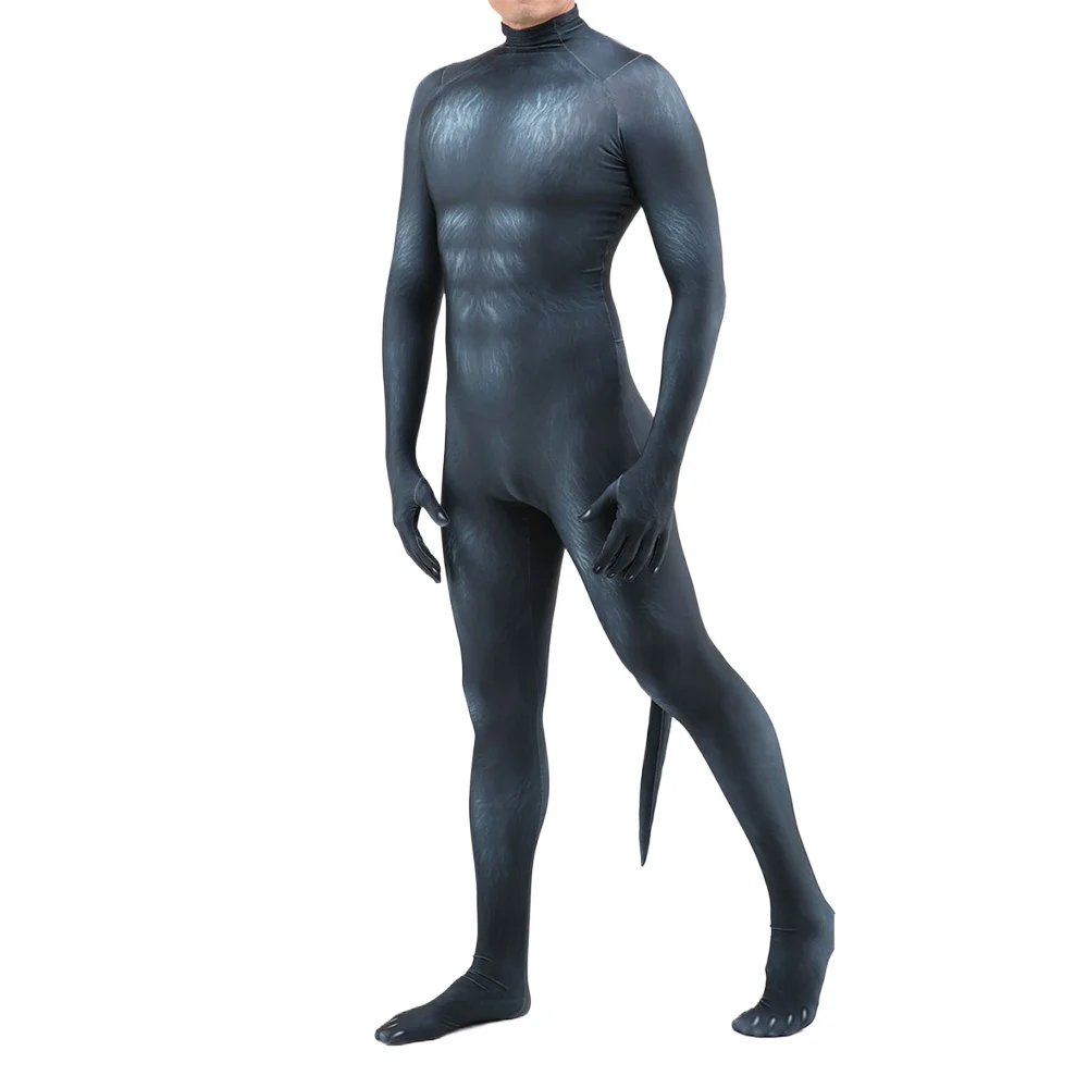 Halloween Cosplay Animal Wolf Printed Costume with Tail Crotch Zipper Party Outfit Zentai Bodysuit Catsuit