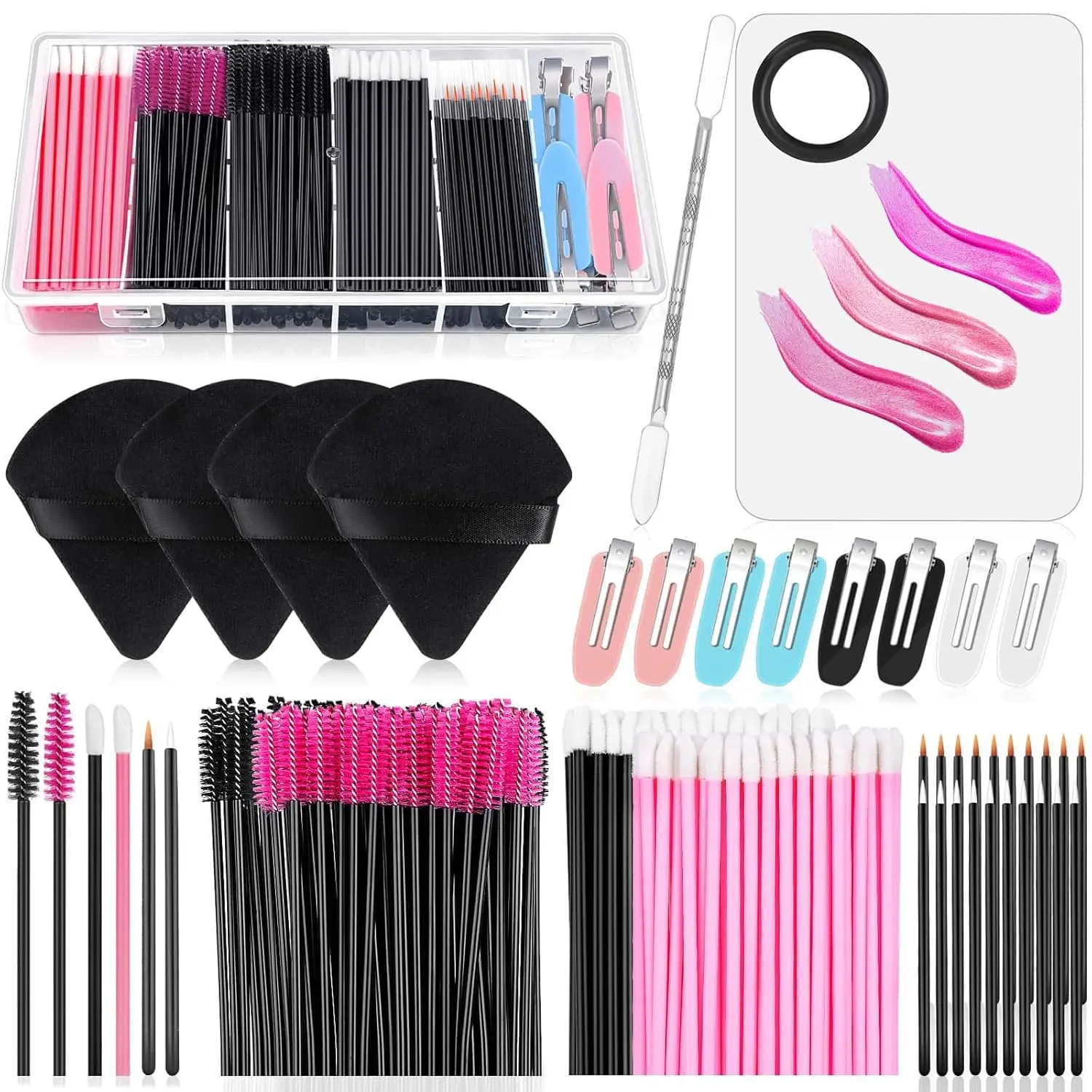 Kit d'Applicateurs de Maquillage Jetables avec Palette de Mélange, Brosses à Mascara, Pinceaux à Lèvres, Pinces à Cheveux et Boîte de Rangement