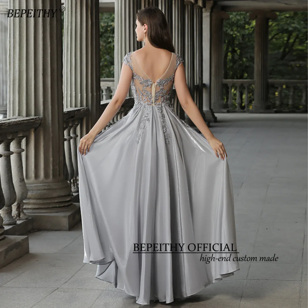 BEPEITHY Customized Gray Long Dresses For Women Party Wedding Evening Scoop Neck Cap Sleeves Party Gowns Vintage Prom Dress 2023