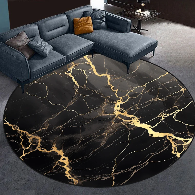 Luxury Marble Black Round Carpet Modern Decoration Home Bedroom Rugs Easy Cleaning Large Carpets for Living Room Entrance Mat