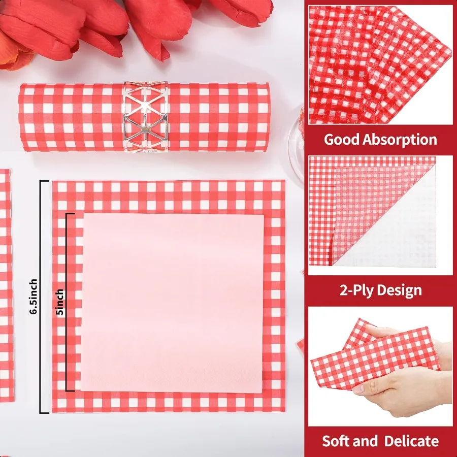 80枚入り レッドギンガムナプキン 6.5×6.5インチ 赤と白のチェック柄ナプキン 格子柄ピクニックナプキン ギンガムパーティーナプキン バーベキューバー用
