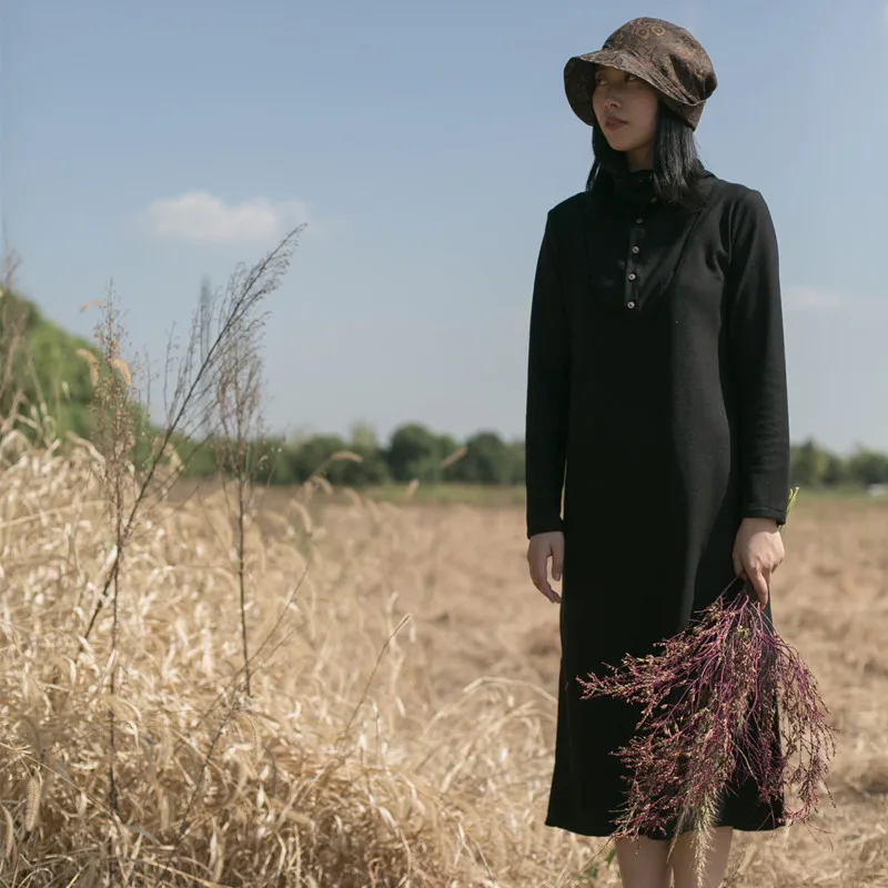 

Autumn Winter Woolen Knitted Dr Original Design Button up High Collar Super Soft Pure Color Commute Sle Long Sve Midi...