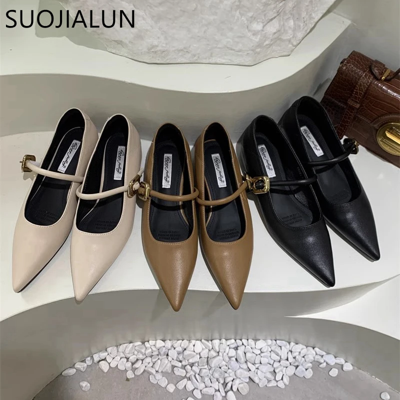 SUOJIALUN 2024 Spring New Women Flat Shoes Fashion Pointed Toe Shallow Ladies Casual Dress Mary Jane Shoes Soft Ballerinas Shoes