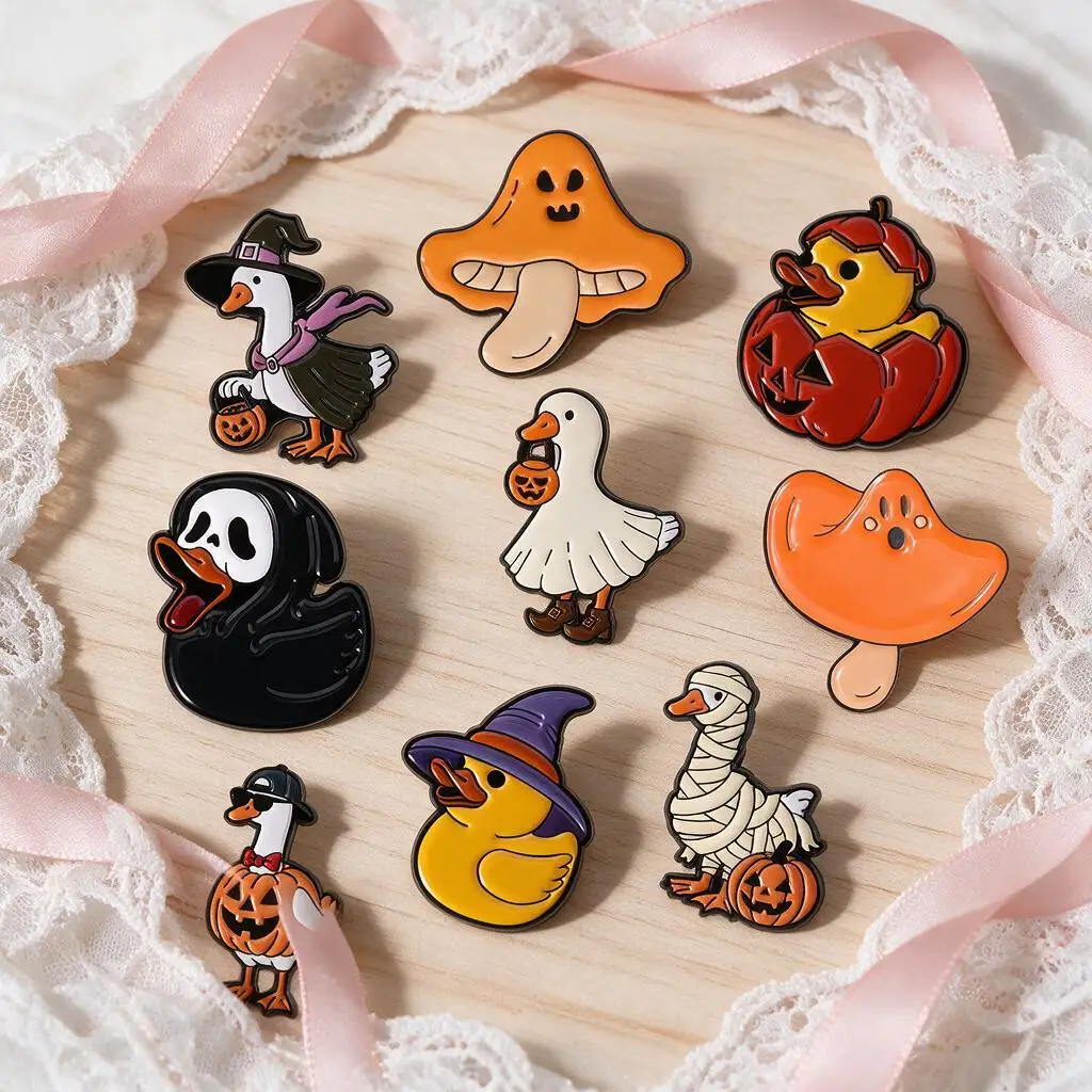 Spooky Halloween Animal Enamel Pins Cute Witch Ghost Mummy Pumpkin Goose Duck Brooch Metal Badge Denim Jacket Backpack Decor Pin