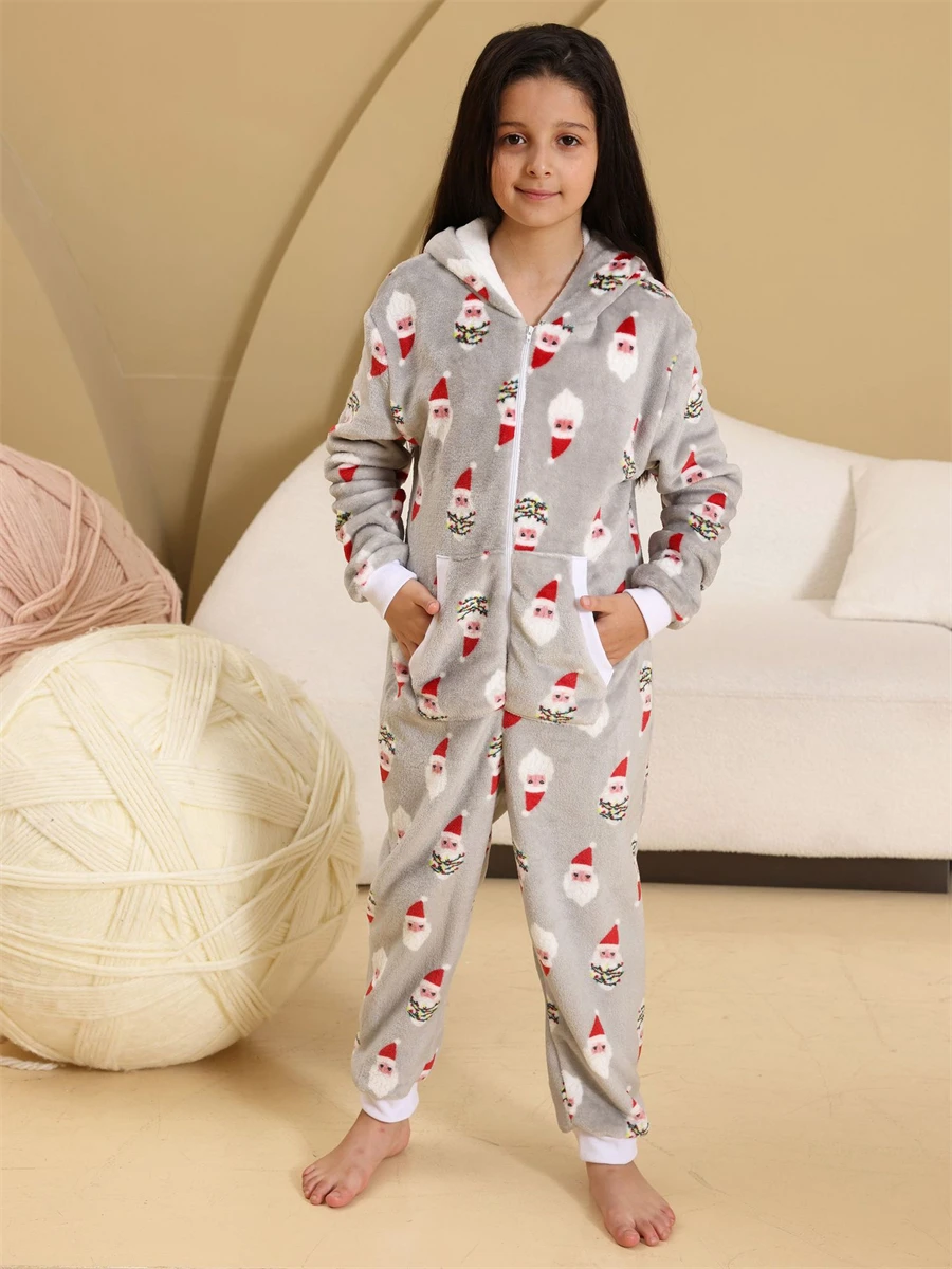 Christmas Pijamas for Girls Kids Sleepwear Winter Flannel Soft Warm Pajamas Hooded Pyjamas Grey Print Onesies