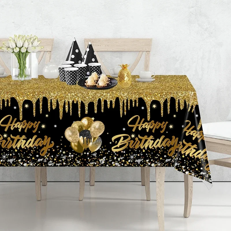 220x130cm Black Gold Disposable Plastic Tablecloth Birthday Party Decorations for Men Women Years Old Table Cover Party Supplies