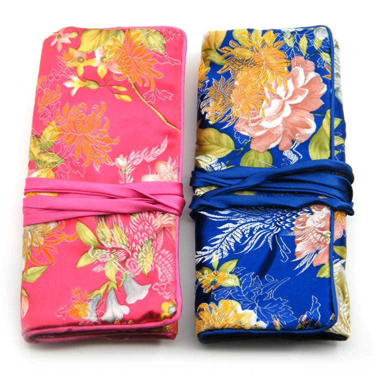 Custom Bright Flower Jewelry Roll Pouch Bag Travel Portable Chinese Silk Brocade Makeup Jewellery Storage 3 Zipper Pouch 30pcs