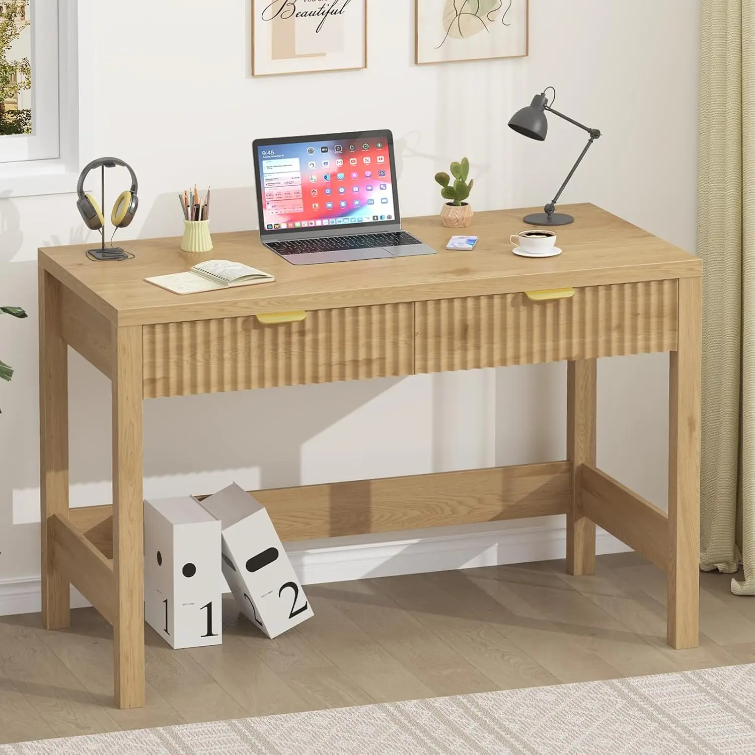 39 Inch Small Fluted Computer Desk with 2 Drawers for Bedroom Home Office, Customized