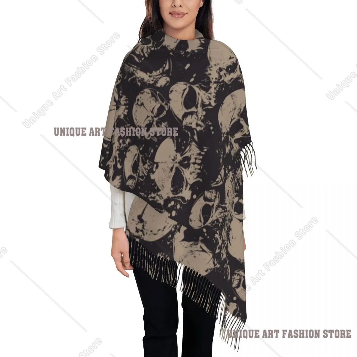Women's Scarf with Tassel Cool Skull Long Winter Warm Shawl and Wrap Halloween Cartoon Daily Wear Pashmina Scarves
