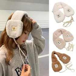 Cartoon Bear Pattern Warm Earmuffs Women Girls Winter Outdoor Foldable Ear Warmer Lace-up Soft Furry Ear Covers Зимние Наушники