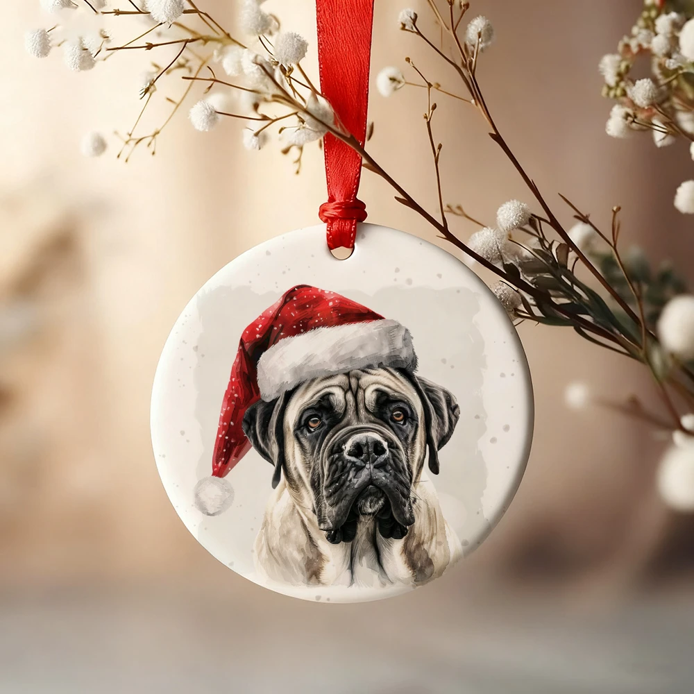 

1 round ceramic ornament | Christmas dog wearing Christmas hat print design | Christmas tree hanging decoration