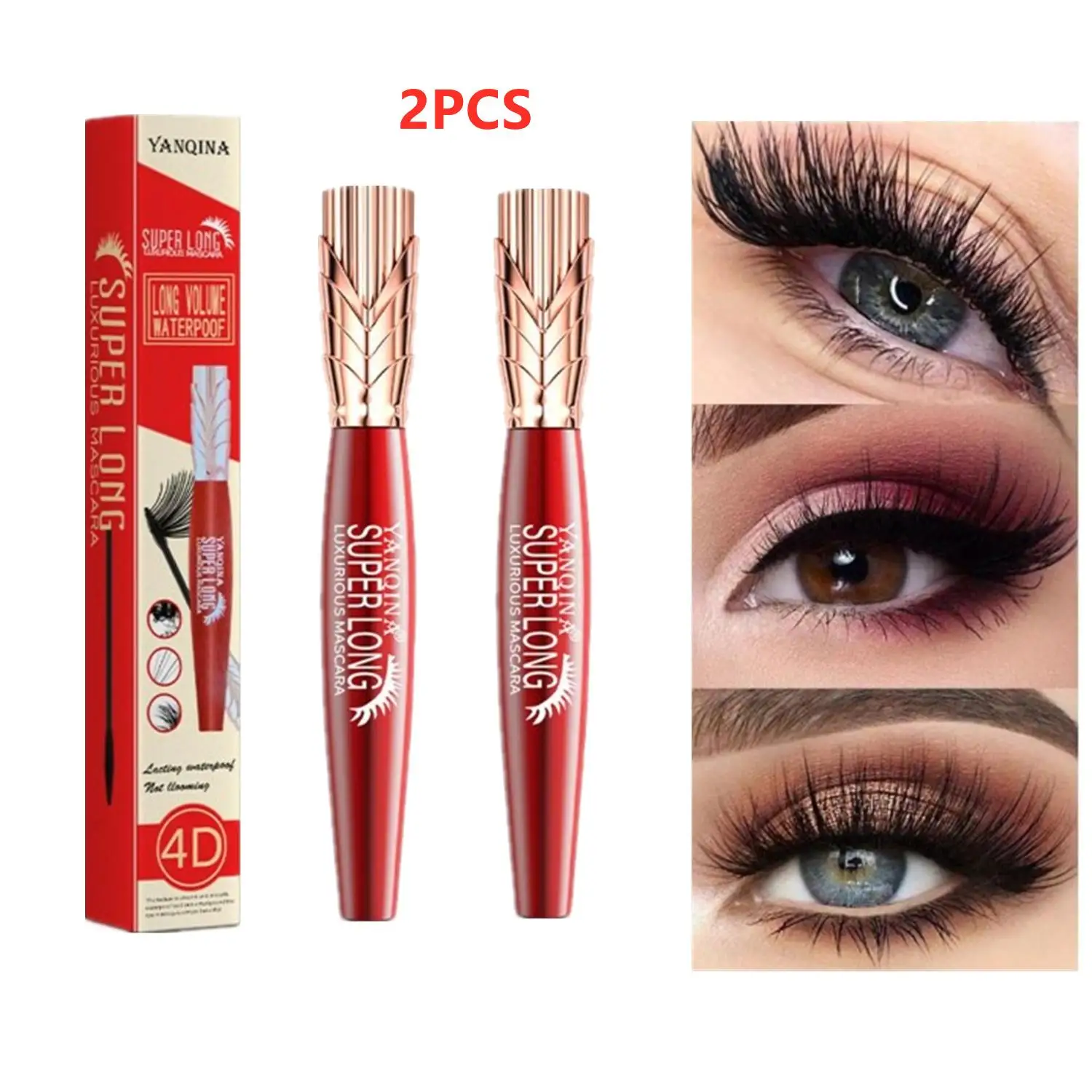 4D Crown Mascara para maquiagem, alongamento, grosso, encaracolado, impermeável, 24h duradoura, sem desbotamento, beleza, 2pcs