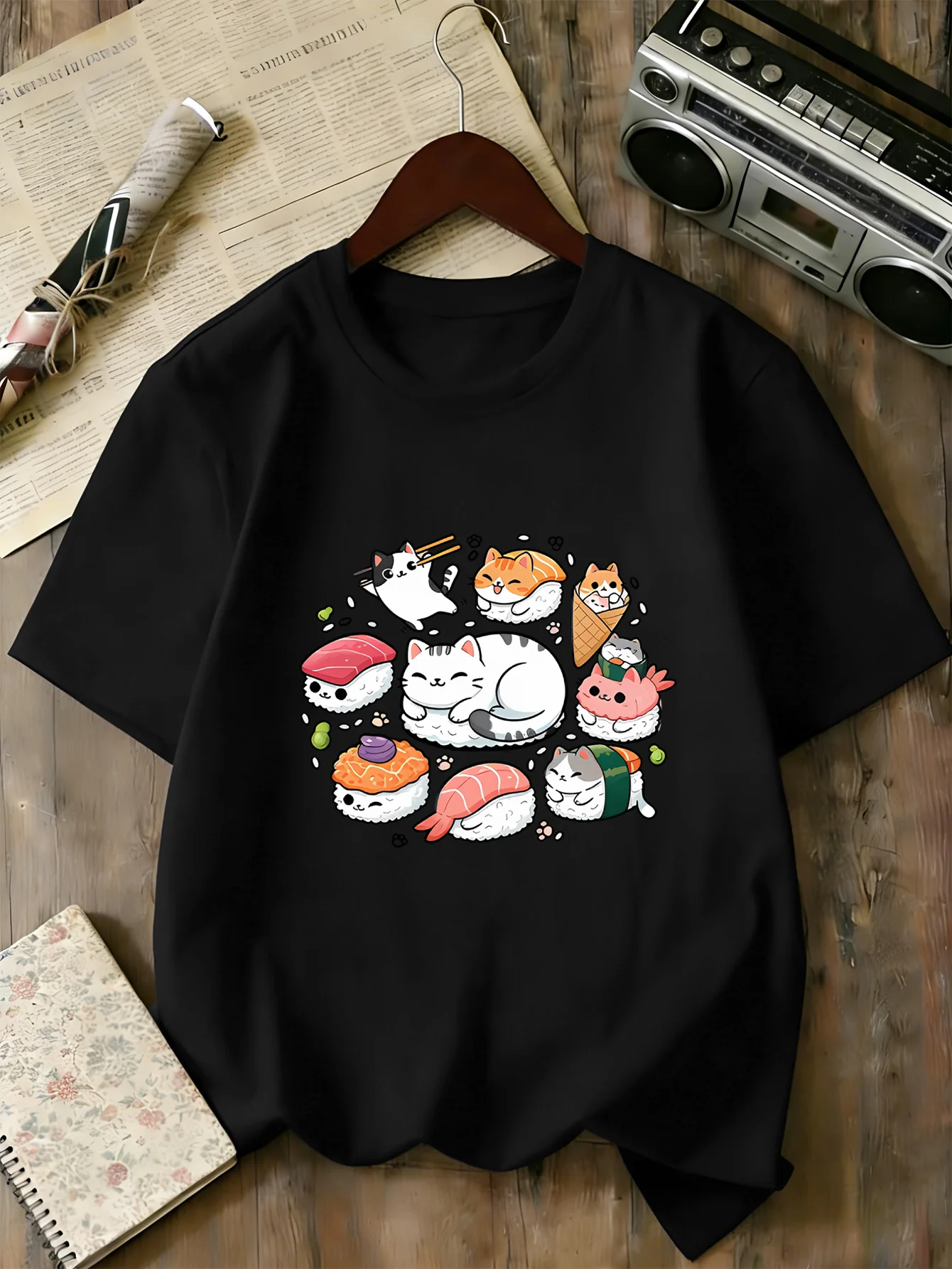 Cute Sushi Cat Cartoon Print T Shirt Family Matching Outfit Boys Girls Kid Short Sleeve Casual Japanese Style Children Daily Tee