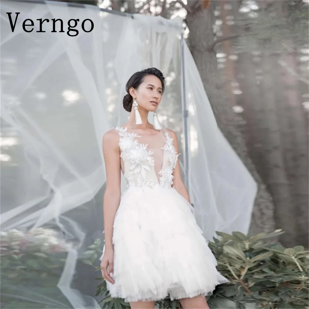 Verngo Tulle Applique Mini Wedding Dress Spaghetti Straps V Neck Short Bridal Gowns Ball Gowns For Women Backless Party Dress