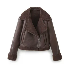 TRAF Autumn New Women's Fashion Leisure Versatile Fleece Motorcycle Style Zipper Decoration Short Jacket Coat