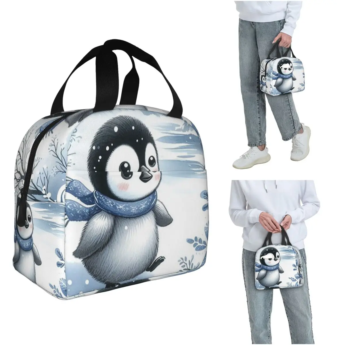 Cute Penguin Baby In The Snow Insulated Lunch Bag for Women Kids Leakproof Food Boxes Thermal Lunch Box Tote