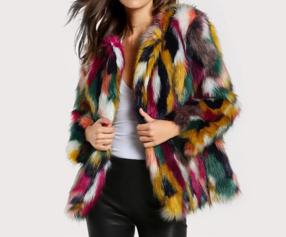 

Autumn Winter Short Jacket Coat Tops Fashion Contrast Multi color Faux Fur Coat Long Hairy Shaggy Outwear Women