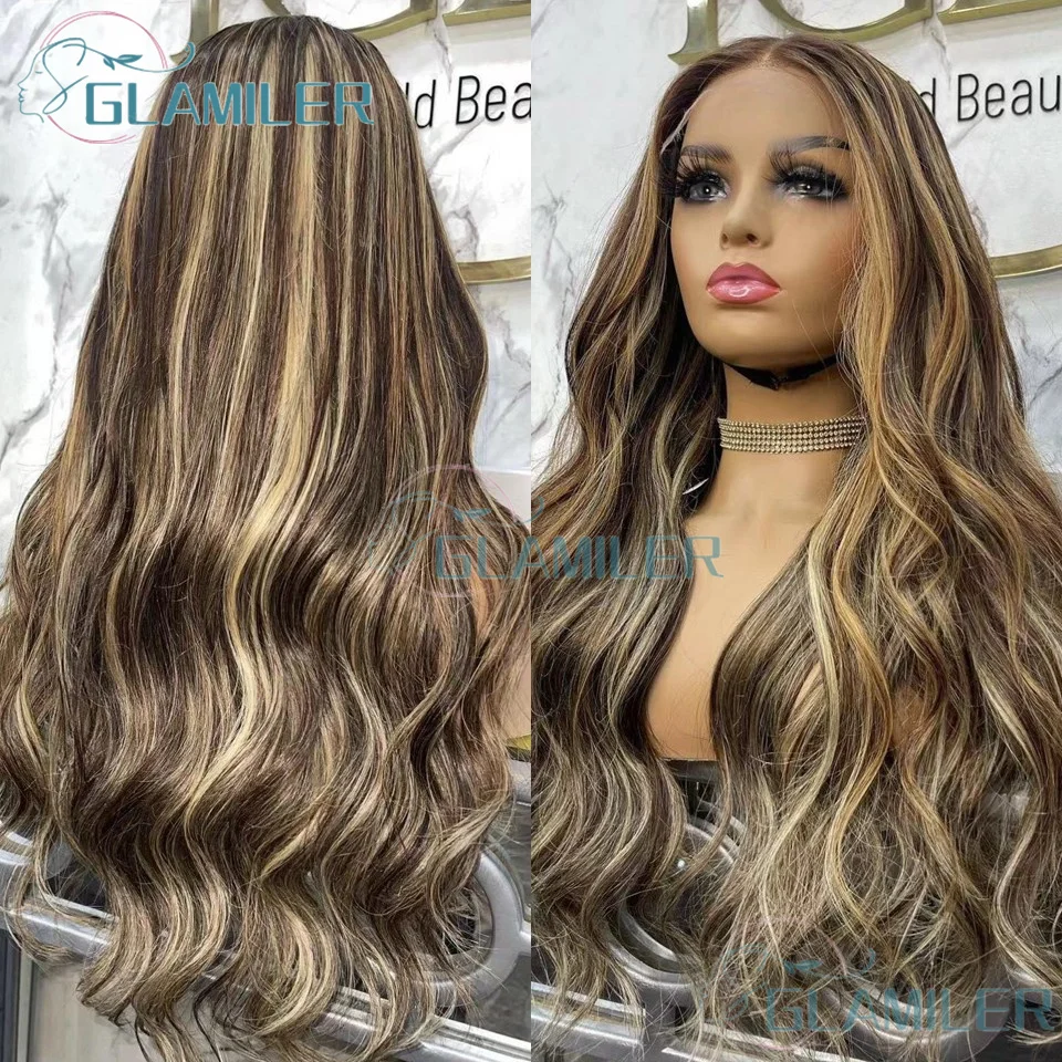 

Natural Wavy Brown Blonde Highlight Balayaga Glueless Human Hair Silk Top Lace Front Wigs #4/27 Pre Plucked 360/Full Lace Wigs