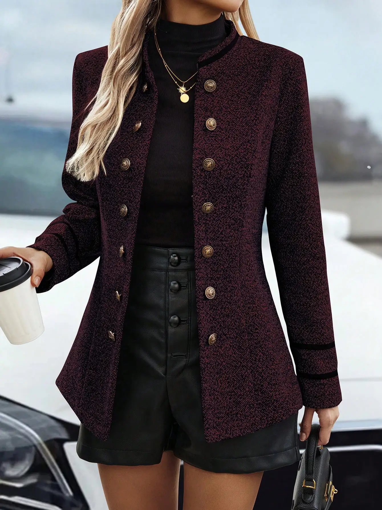 

Женский двубортный блейзер из бордового твида с золотыми пуговицами, элегантная офисная одежда для осени и зимы