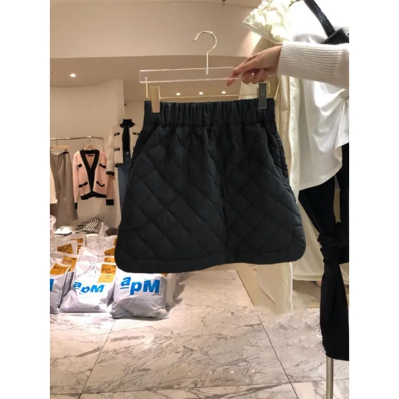 Fashionable Pure Color Half-length Skirt with Slit And Elastic Waist Diamond Pattern Short Skirt for Women Autumn Winter New ...