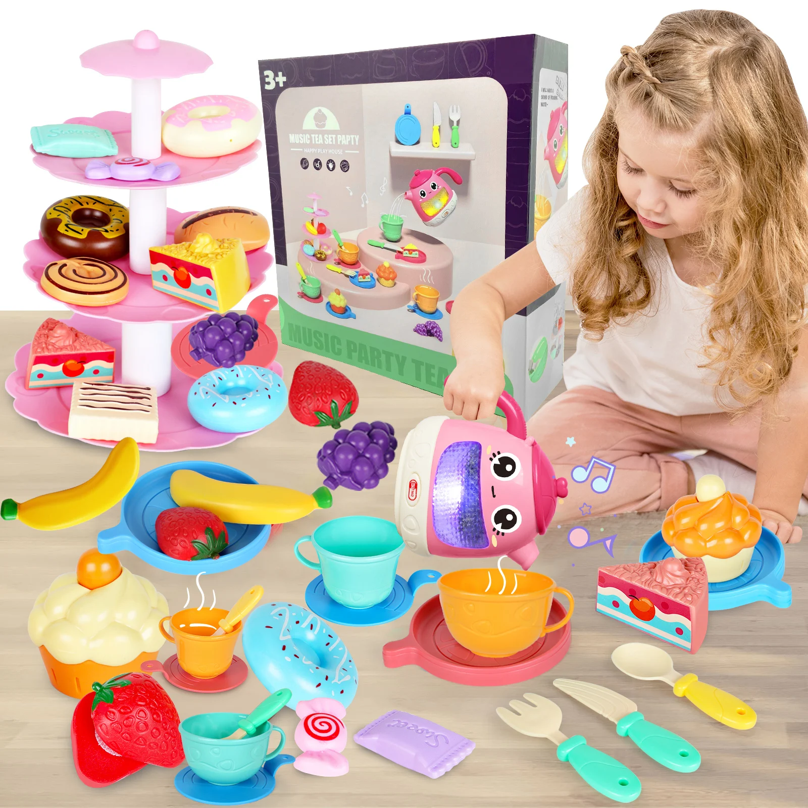 48 PCS Tea Set for Little Girls,For Toddlers Including Kettle with Music & Light, Cookies