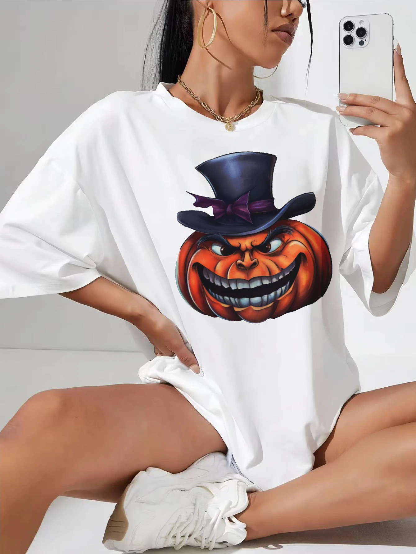 

Scary Halloween Pumpkin White extended maternity tee round neck seamless side ruching bump friendly