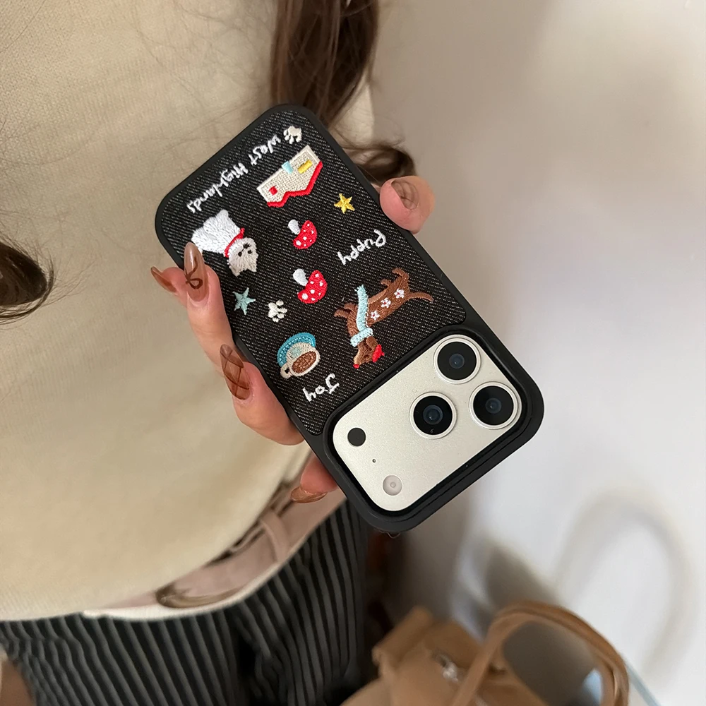 Herbst-Winter Niedlicher Welpe Warmer Stoff Retro Denim Stickerei Handyhülle für iPhone 17promax 16 15 14 Pro Max Stoßfeste Abdeckung – Detail 14