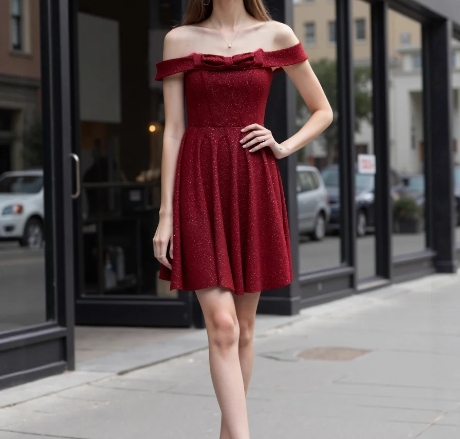 

New Christmas Dress, Sexy Evening Gown, Sparkling Bow, Off Shoulder Pleated Short Skirt
