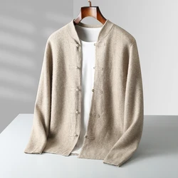 Autumn and winter new 100% merino wool men's cardigan retro Tang suit casual cashmere sweater knitted padded jacket