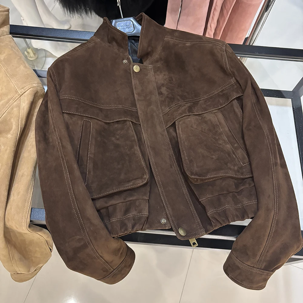 YOLOAgain 2026 Spring Short Suede Bomber Jacket Women Genuine Sheepskin Leather Jacket Ladies