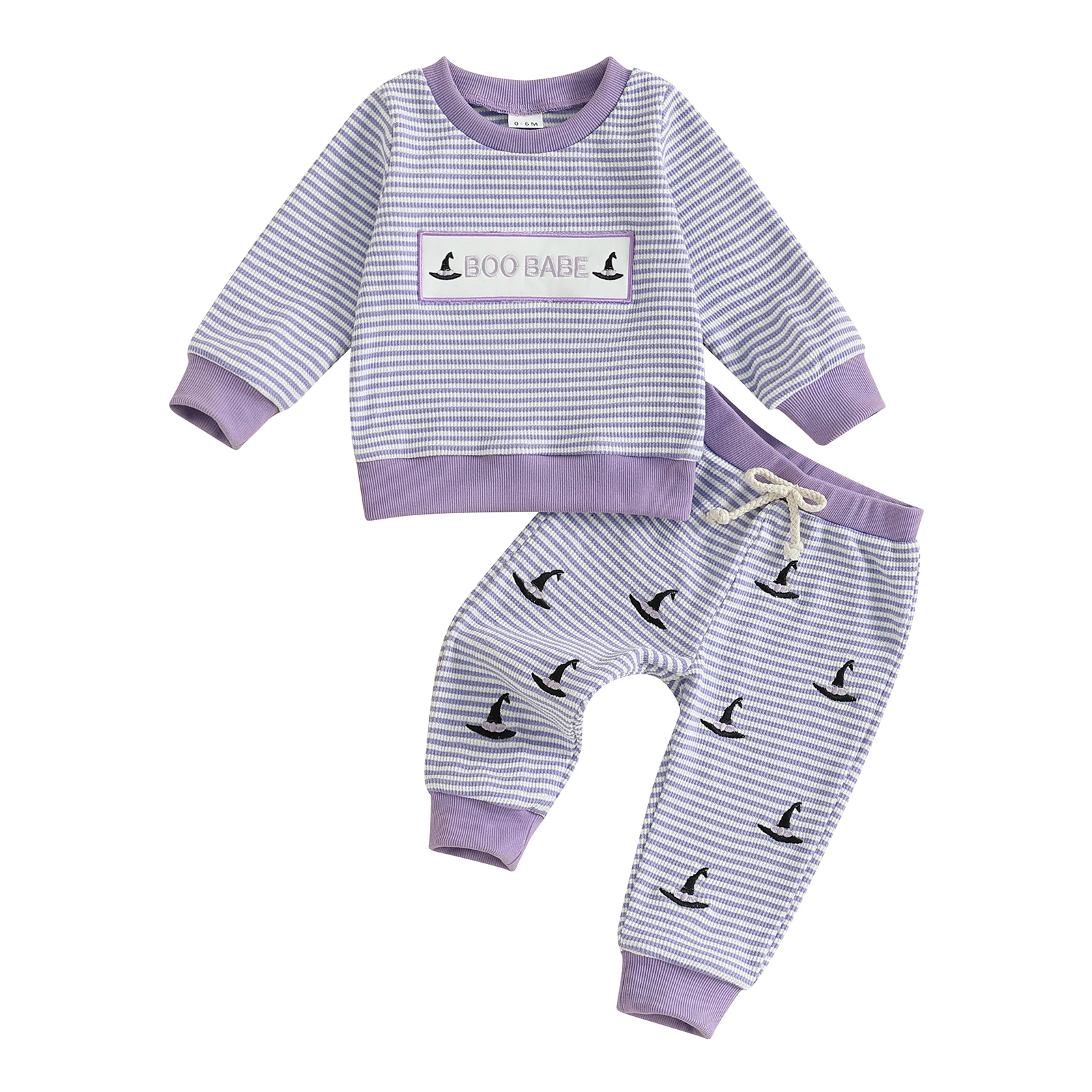 

Toddler Baby Halloween Stripe Outfits Witch Hat Pumpkin Embroidery Long Sleeve Round Neck Pullover Elastic Waist Pants