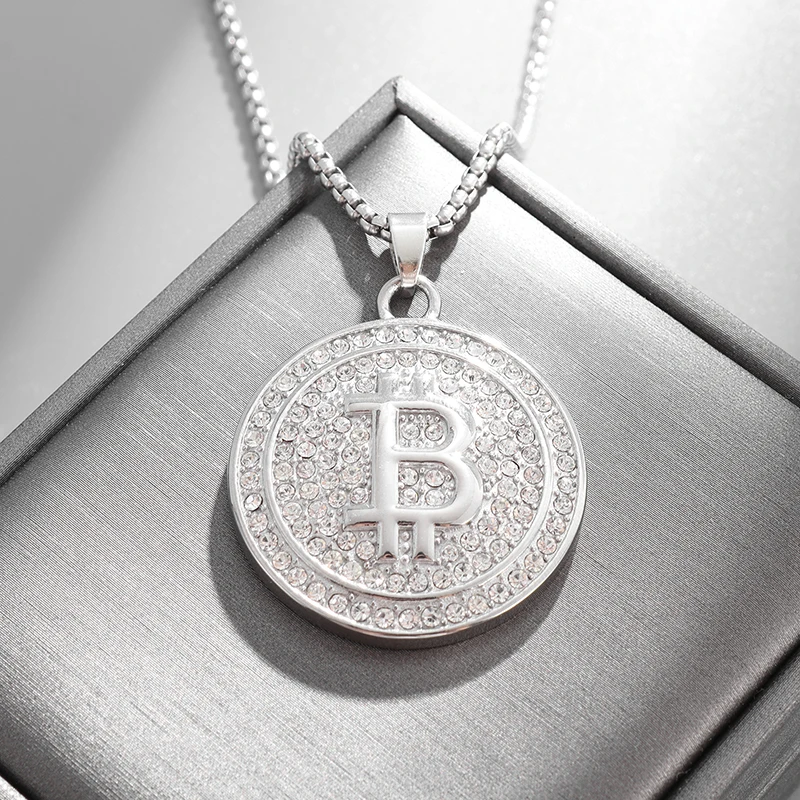 Bling Iced Out Bitcoin Pingente Colar com Strass para Homens e Mulheres Hip Hop Rock Rap Trendy Cool Jewelry